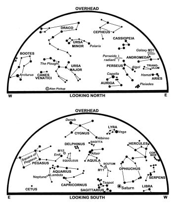 The maps show the sky at 00:00 BST on the 1st, 23:00 on the 16th and 22:00 on the 31st. (Click on map to enlarge)