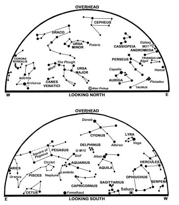The maps show the sky at 23:00 BST on the 1st, 22:00 on the 16th and 21.00 on the 30th. (Click on map to enlarge)